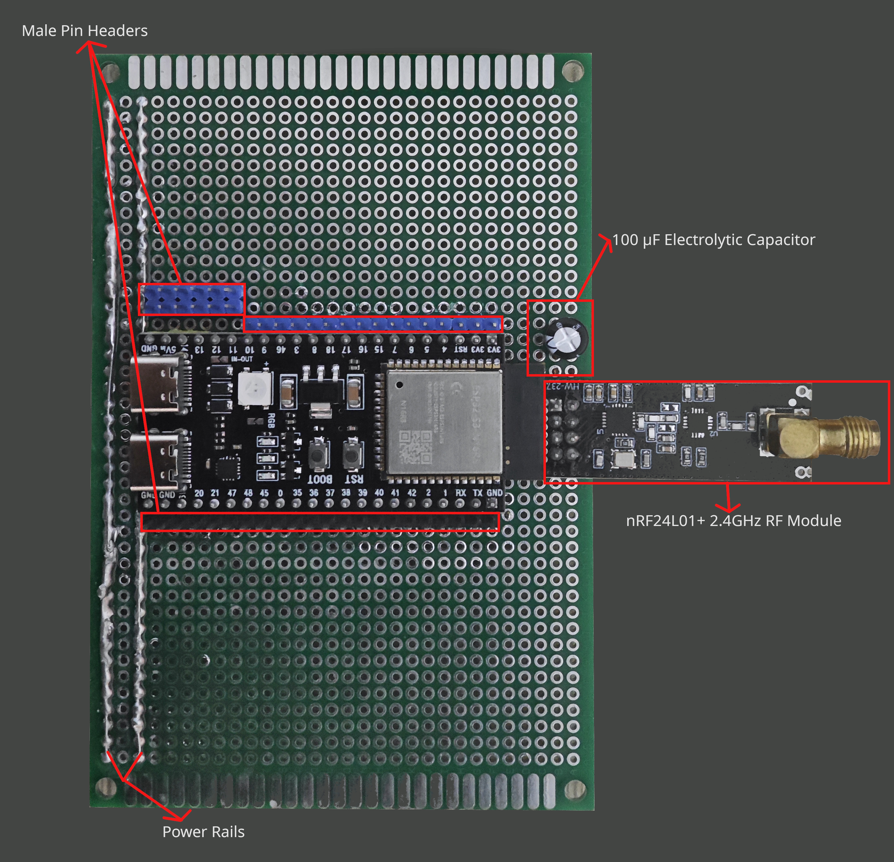 Top view of the early Rev 0.1 Multi-Functional Controller perfboard carrier